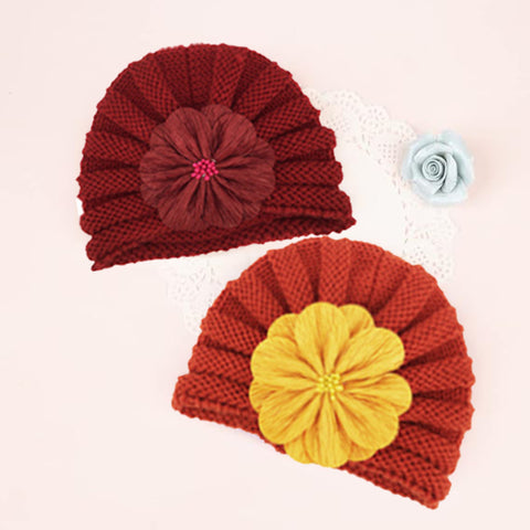 Fancydresswale Warm Knitted Baby Wool Hat For Infants & Toddlers Autumn Flower Soft & Cozy For Little Ones Newborn Headwear Winters- Orange Khaki