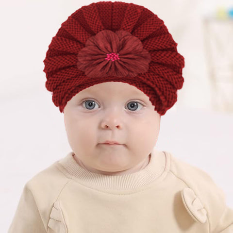 Fancydresswale Warm Knitted Baby Wool Hat for infants & toddlers Autumn flower Soft & Cozy for Little Ones Newborn Headwear winters- Wine Red