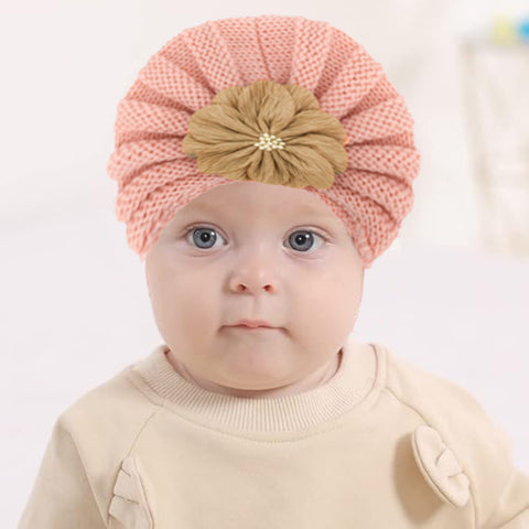 Fancydresswale Warm Knitted Baby Wool Hat For Infants & Toddlers Autumn Flower Soft & Cozy For Little Ones Newborn Headwear Winters- Light Brown