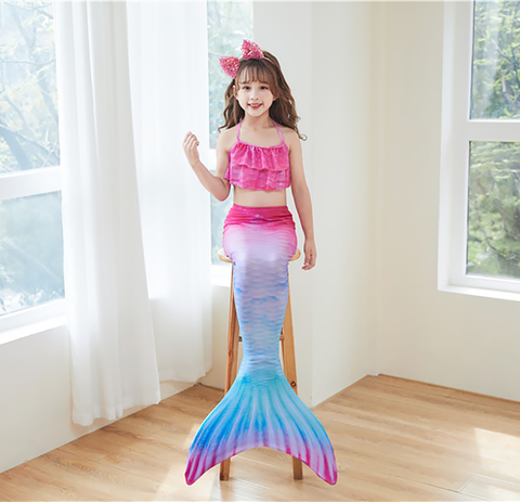 Fancydresswale Mermaid 3 pc swimsuit for Girls with large fin option- Begonia