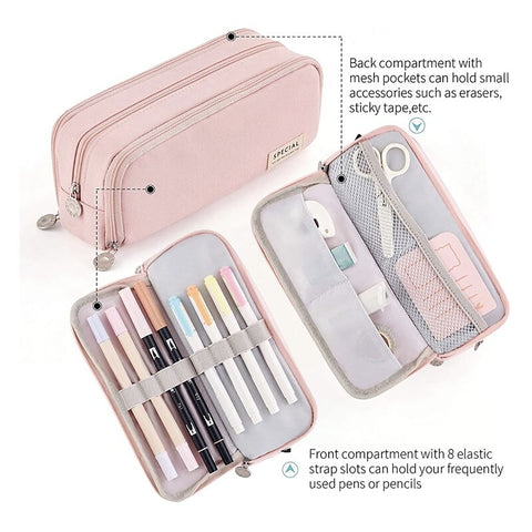 Pencil Box Spacious Case Pouch Perfect for School, College, and Office Use by Teens, Girls, Adults, and Students- Pink
