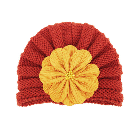 Fancydresswale Warm Knitted Baby Wool Hat For Infants & Toddlers Autumn Flower Soft & Cozy For Little Ones Newborn Headwear Winters- Orange Khaki