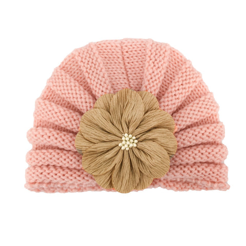 Fancydresswale Warm Knitted Baby Wool Hat For Infants & Toddlers Autumn Flower Soft & Cozy For Little Ones Newborn Headwear Winters- Light Brown