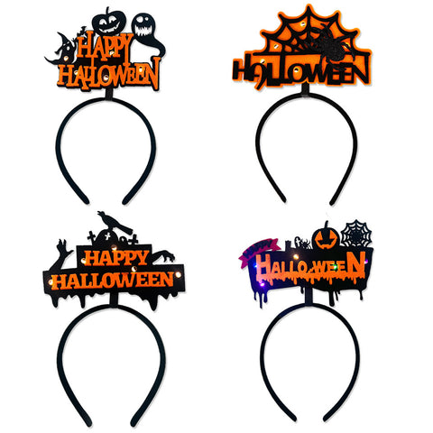 Halloween Headbands - LED Light-Up costume Party Accessories Pumpkin, Graveyard, Dripping Horror, and Spider Web Themes (Yellow Spider Web)