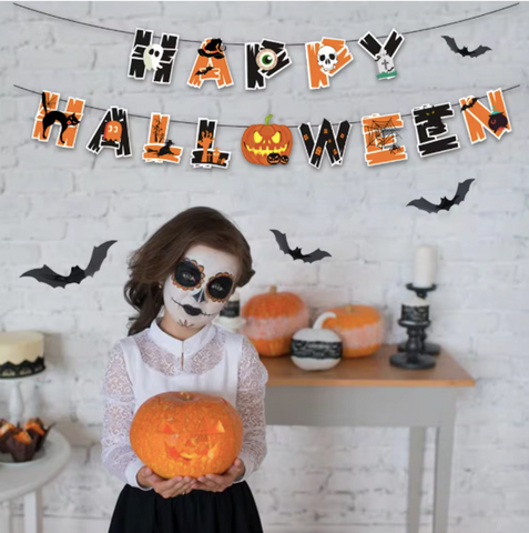 Happy Halloween Decorations Set,Party Props, Pumpkin Banners, Character Cutouts (Pumpkin Flag)