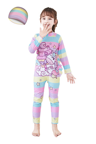 Fancydresswale Girls Swimsuits Long Sleeve Rash Guard Swimwear with Matching Cap One-Piece Bathing Suits-Unicorn