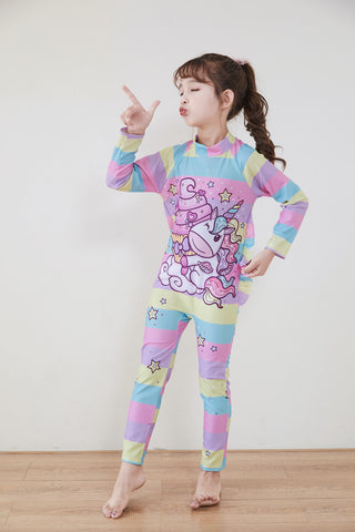 Fancydresswale Girls Swimsuits Long Sleeve Rash Guard Swimwear with Matching Cap One-Piece Bathing Suits-Unicorn