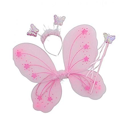 Girls Butterfly Fairy Angel Wing, Wand And Hairband (pink)